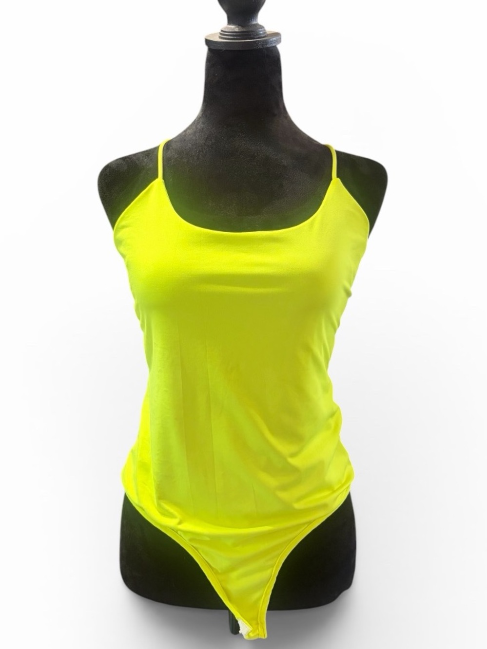 Neon yellow bodysuit, snap bottom, spaghetti straps, halter cross cross, large